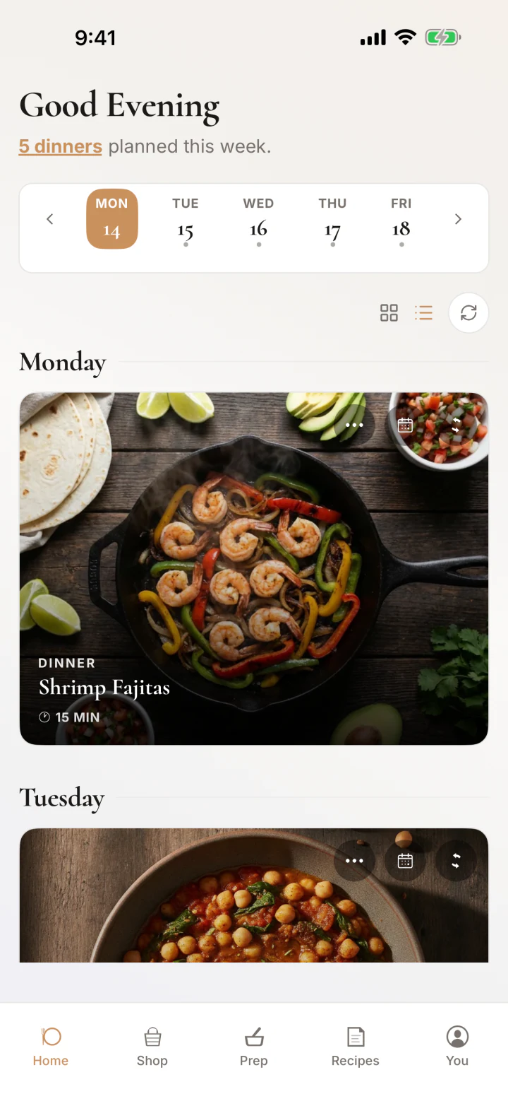 rootd weekly plan on iOS, with Shrimp Fajitas among five planned dinners