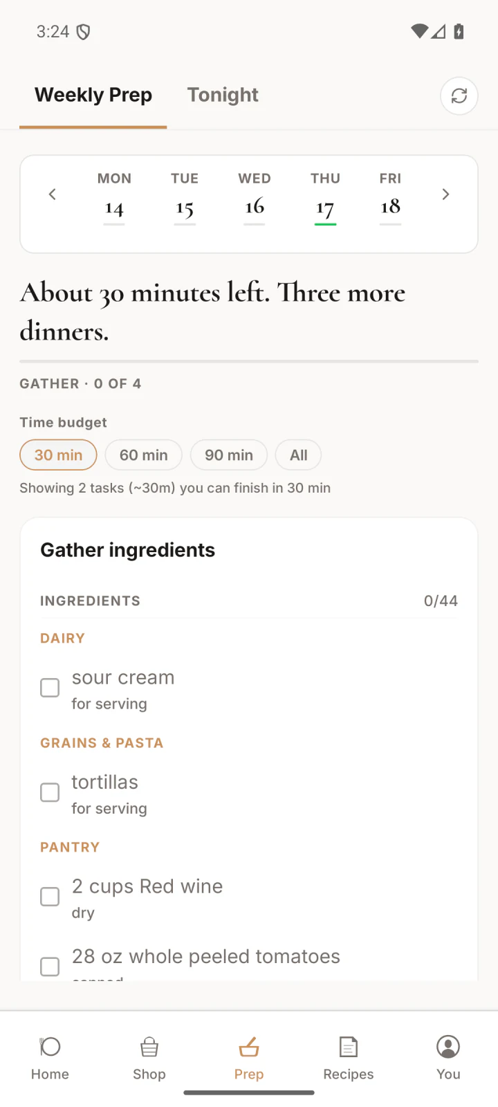 rootd on Android showing a 30-minute prep filter and an ingredient checklist