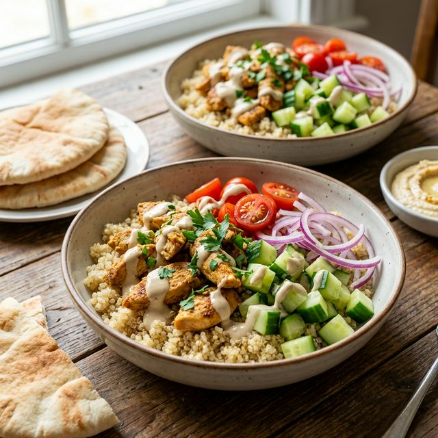Chicken shawarma bowl with grains, vegetables, and sauce