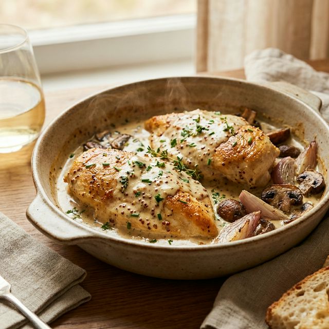 Creamy Dijon chicken served with greens