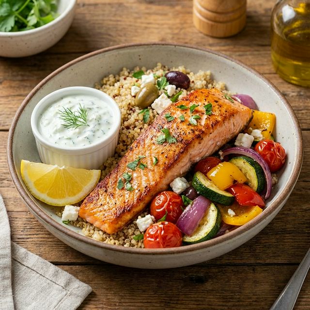 Mediterranean salmon bowl with grains and crisp vegetables